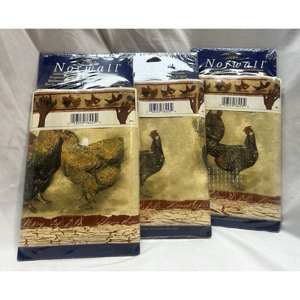 VTG 3 Norwalk Pre-pasted Chickens Roosters Wallpaper Border Cottagecore Grandma